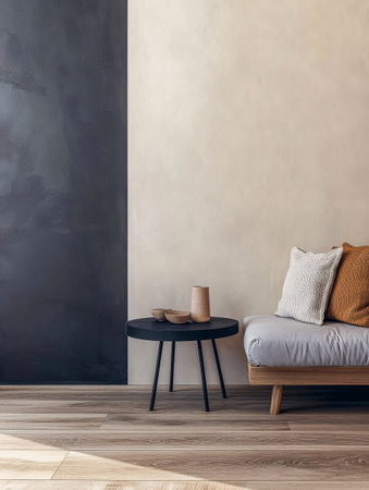 A minimalist living room showcases a comfortable gray sofa adorned with pillows, paired with a small black coffee table holding decorative items, set against gray and beige walls.の素材