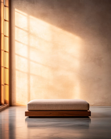 A soft cushion rests on a wooden base in a serene setting, illuminated by warm afternoon light casting gentle shadows across the smooth floor.の素材