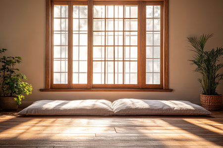 Sunlight streams through large windows, illuminating a serene space with soft floor cushions and lush plants, creating a peaceful and inviting atmosphere.の素材