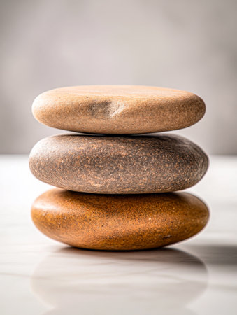 Three stones in shades of brown and beige are neatly stacked on a clean surface, creating a balanced and serene aesthetic. The soft light enhances their natural textures.の素材