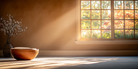 Warm sunlight streams through a large window, illuminating a peaceful room with a simple wooden bowl on the floor and stunning autumn colors visible outside.の素材