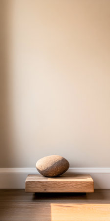 A smooth stone sits peacefully on a wooden block, complementing the warmth of a simple beige wall, creating a calming indoor atmosphere.の素材