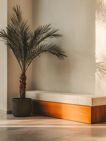 A stylish indoor space features a comfortable wooden bench and a vibrant palm plant. Soft sunlight filters through, creating beautiful shadows on the wall.の素材