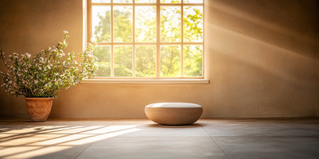 Natural light fills a serene indoor space with a polished stone seat and a blooming potted plant by the window, creating a peaceful atmosphere.の素材