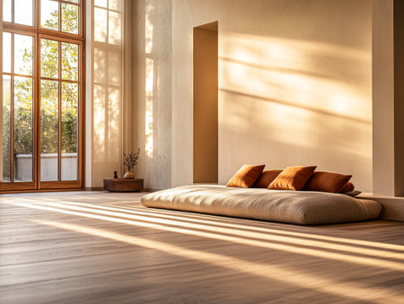 A spacious room showcases a soft floor cushion adorned with warm pillows, illuminated by gentle sunlight streaming through large windows, creating a peaceful atmosphere.の素材