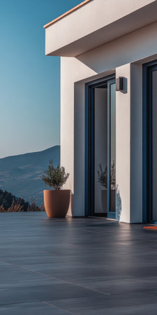 A contemporary terrace showcases stylish doors and a large flower pot, overlooking distant mountains under a vibrant evening sky. The scene is tranquil and inviting.の素材