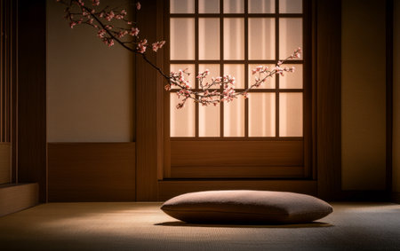 A serene Japanese interior features a soft cushion on tatami matting, complemented by a cherry blossom branch against a softly lit window, creating a peaceful atmosphere.の素材