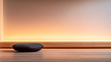 A soft cushion rests on a wooden floor, warmly illuminated by a gentle light that creates a serene atmosphere in a minimalist space, ideal for meditation or relaxation.の素材