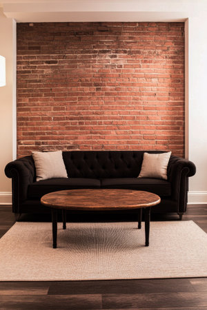 A stylish black couch with soft cushions sits in a warm living room. The exposed brick wall adds character, while a round wooden coffee table completes the inviting space.の素材