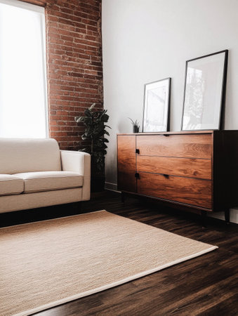 A stylish living room showcases a beige rug, a wooden dresser, and a white sofa. Natural light pours in from the window, illuminating the minimalist decor and potted plant.の素材