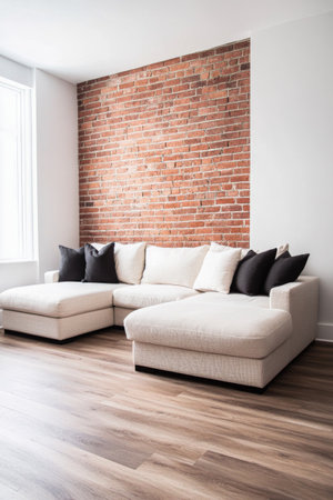 A comfortable, L-shaped sofa adorned with black and white pillows is positioned against a tasteful brick wall, enhancing the inviting atmosphere of the living room.の素材
