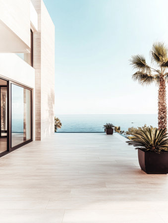 A stylish terrace in a modern coastal villa features a clear view of the ocean, palm trees, and a tranquil atmosphere that enhances relaxation at dawn.の素材
