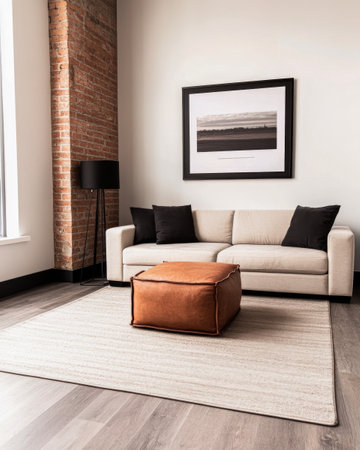 A contemporary living room showcases a beige couch paired with black cushions and a leather ottoman, complemented by a large black and white artwork, all in a sunlit space.の素材