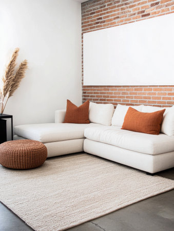 A spacious living room showcases a white sectional sofa adorned with orange cushions, complemented by a soft area rug and a stylish coffee table, all under natural light.の素材