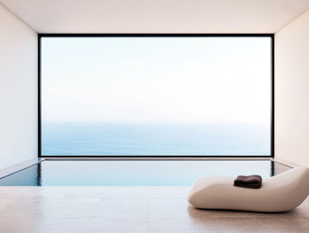 This tranquil infinity pool offers breathtaking views of the ocean, surrounded by a sleek, minimalist design that enhances the peaceful atmosphere. Soft sunlight fills the space.の素材