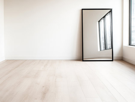A spacious room features light wooden flooring and a large black-framed mirror that reflects soft natural light coming from a nearby window.の素材