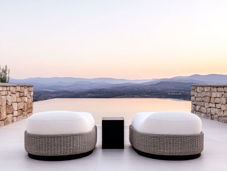 Two stylish outdoor loungers are positioned beside a serene infinity pool, providing a perfect vantage point to enjoy a stunning sunset over the distant hills.の素材