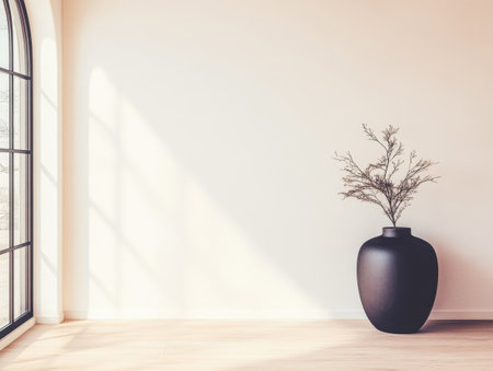 The warm sunlight filters through a large window, casting gentle shadows in a minimalist room with a black vase containing dry branches as the focal point.の素材