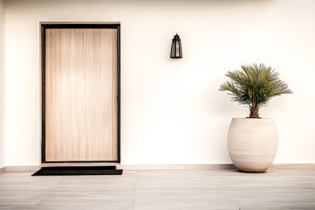 The entrance features a wooden door paired with a round pot containing a palm plant, complemented by a stylish outdoor light on a clean white wall.の素材