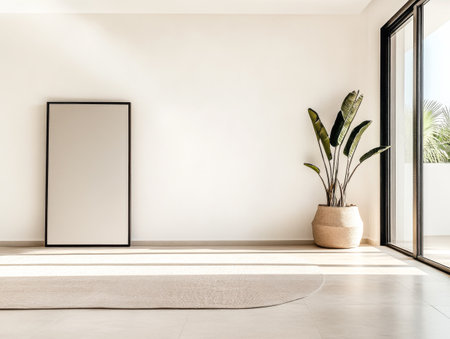 A minimalist interior exudes modern elegance with a large mirror and a stylish indoor plant, illuminated by natural light filtering through open glass doors.の素材