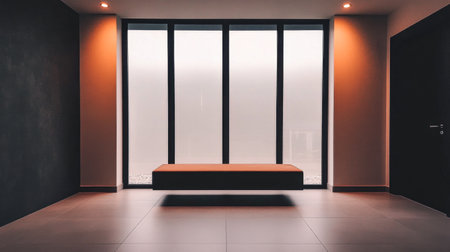 A spacious area showcases a sleek floating bench positioned against large windows, allowing soft morning light to filter in, enhancing the minimalist aesthetic.の素材