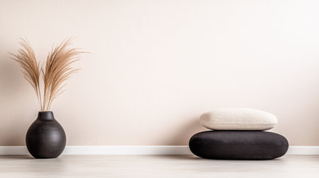 A calming interior showcases a sleek black vase holding pampas grass, paired with a round stone-shaped cushion on the floor, creating a minimalist ambiance.の素材