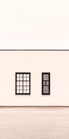 A minimalist building features a smooth white exterior with two distinct black-framed windows, creating a striking visual contrast in natural light.の素材
