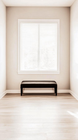 A well-lit room features a simple black bench positioned beneath a window. The light wooden floor and neutral walls create a calm atmosphere during the day.の素材