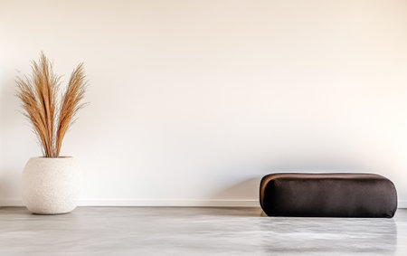 A sleek, dark minimalist bench complements a contemporary decorative planter filled with dried grass, set against a light-colored wall in a spacious room.の素材