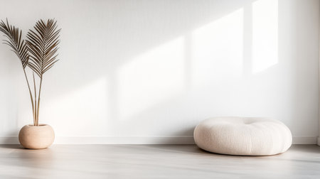 A spacious, minimalist room showcases a round, textured cushion next to a stylish potted palm, illuminated by warm sunlight filtering through a window.の素材