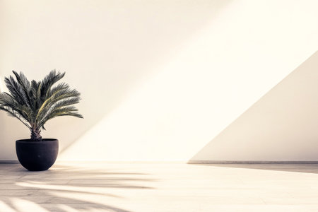 A tall palm plant stands in a black pot, creating soft shadows on a stark white wall. The sunlight fills the contemporary room, highlighting the plant's features.の素材