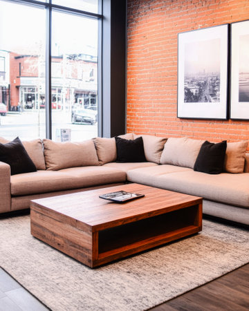 A modern living room features a large sectional sofa adorned with cushions, complemented by a wooden coffee table and a soft area rug, showcasing a vibrant urban backdrop.の素材