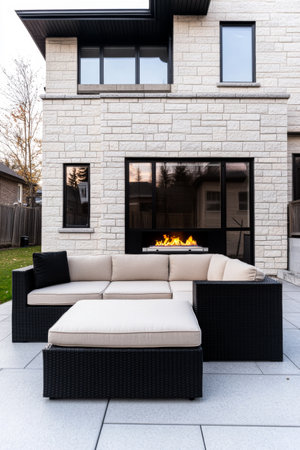 A stylish patio features a beige sectional sofa and ottoman against a modern stone house, creating a cozy outdoor space for relaxation around a fire.の素材