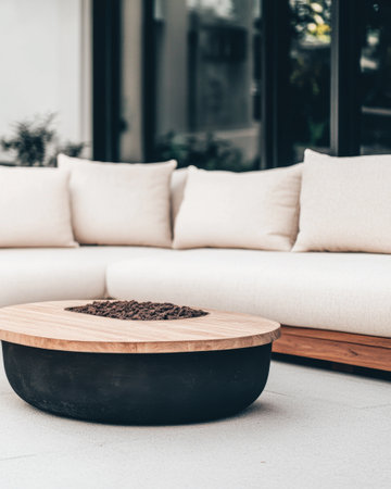 A stylish outdoor lounge features a spacious sectional sofa with soft cushions and a unique fire pit table, creating a cozy atmosphere for evening gatherings.の素材