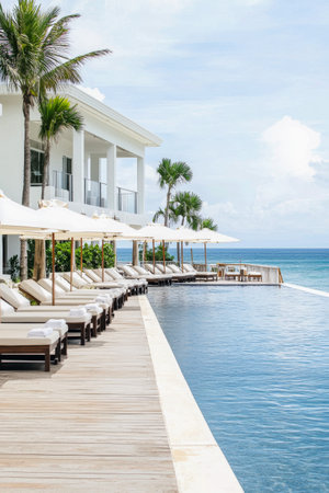 Guests lounge on comfortable poolside chairs under umbrellas, enjoying the serene ocean view at a luxurious beachfront resort on a clear day.の素材