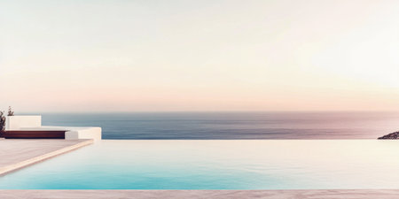 A stunning infinity pool reflects the pastel colors of the sunset, offering breathtaking views of the ocean from a peaceful coastal getaway.の素材