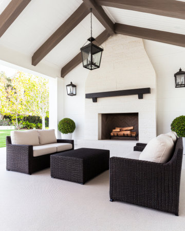 A stylish outdoor seating arrangement features comfortable wicker sofas and a central coffee table, accompanied by a fireplace beneath beautiful beams and lanterns.の素材