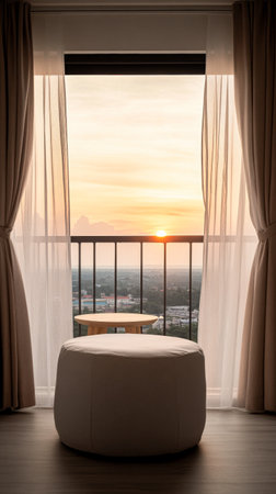 Soft curtains billow gently as a vibrant sunset casts a warm glow over the city skyline, creating a peaceful atmosphere from a stylish apartment.の素材
