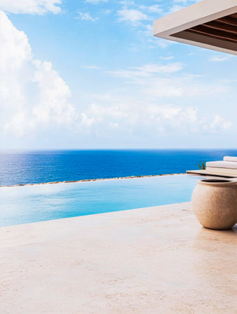 The terrace showcases a stunning infinity pool overlooking a vast ocean, creating a tranquil atmosphere with blue skies and fluffy clouds enhancing the view.の素材