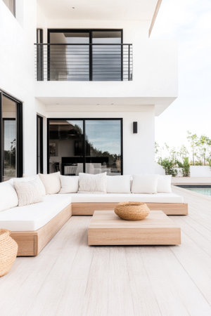 A stylish outdoor lounge features a spacious white couch with soft pillows, a wooden coffee table, and a calm view of nature at a modern residence.の素材