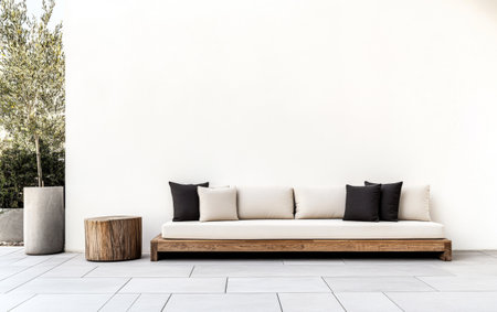 A minimalist outdoor seating area showcases a sleek, creamy sofa adorned with black cushions. Natural elements like a wooden stump and planters enhance the tranquil ambiance.の素材