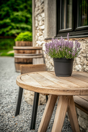 A charming wooden table sits outside a cottage made of stone, adorned with a pot of lavender, creating a relaxing garden atmosphere in bright daylight.の素材