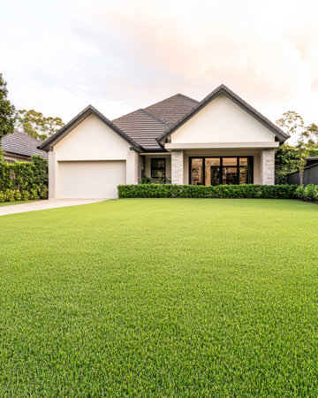 A beautiful, contemporary family house features an impressive front lawn, framed by lush greenery, creating a peaceful atmosphere at dusk.の素材