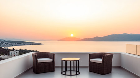 A tranquil sunset illuminates the horizon over the calm sea, where two comfortable chairs and a small table invite relaxation on a balcony.の素材