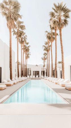 A tranquil pool stretches between tall palm trees, offering a refreshing escape at a contemporary resort on a sunny day, inviting relaxation and leisure.の素材