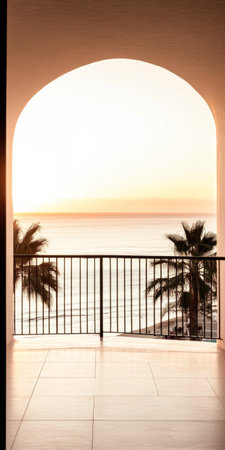 The warm hues of a sunset illuminate the tranquil ocean, while palm trees frame the serene view from a balcony showcasing peaceful seaside scenery.の素材