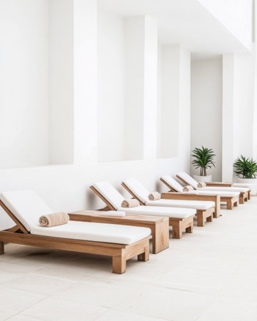 The bright lounge area features several wooden sunbeds adorned with soft white cushions and rolled towels, along with indoor plants for a tranquil atmosphere.の素材