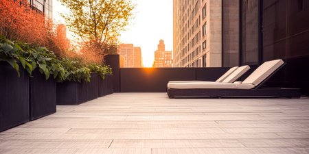 A serene rooftop terrace showcases two stylish loungers surrounded by lush foliage, bathed in warm sunlight during sunset, with a stunning city skyline in the background.の素材