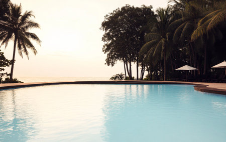 A tranquil swimming pool reflects the warm hues of a sunset, bordered by lush palm trees and beach umbrellas, creating a peaceful tropical atmosphere.の素材