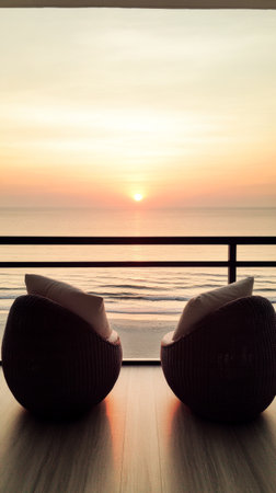 The cozy chairs are positioned by a glass railing as the sun sets over the tranquil beach, casting warm hues across the ocean waters and creating a peaceful atmosphere.の素材